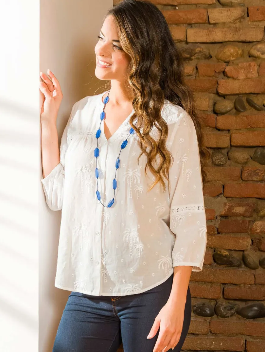Blouse broderies palmiers macramé