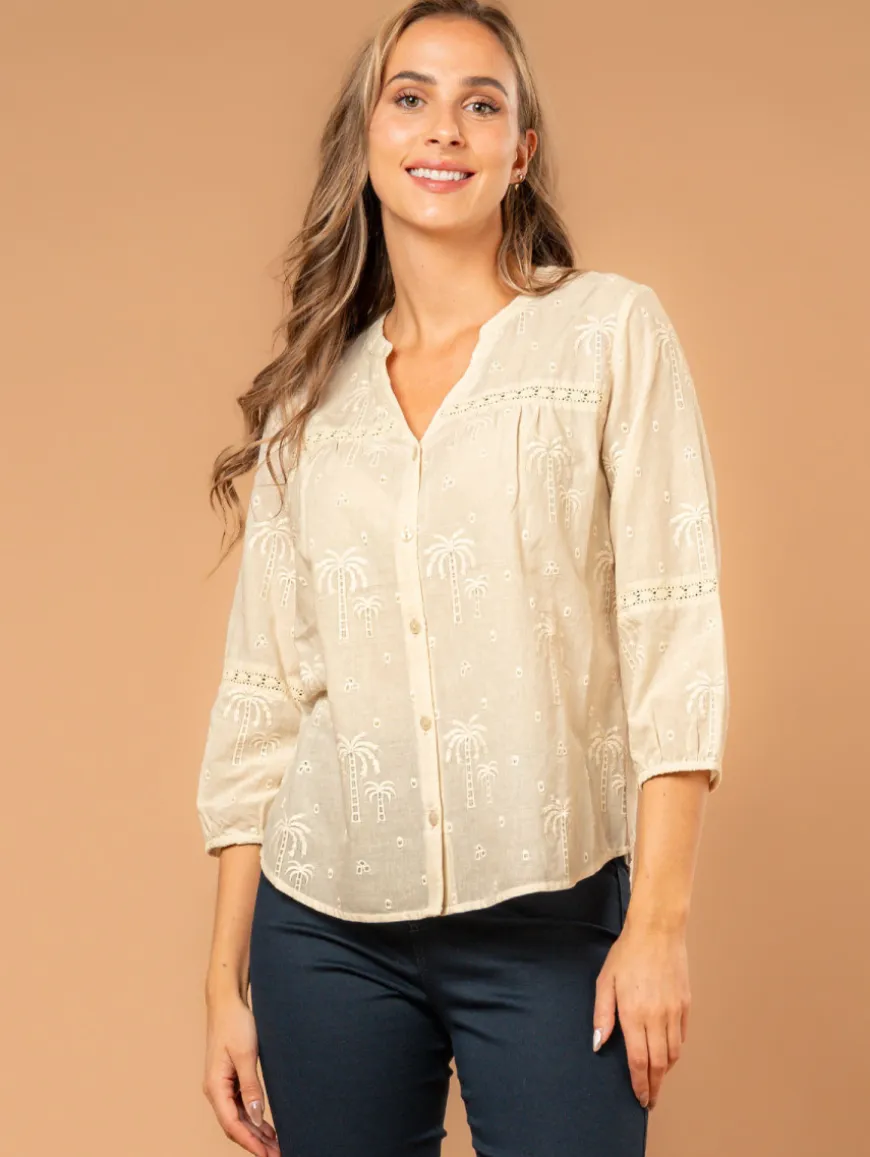 Blouse broderies palmiers macramé