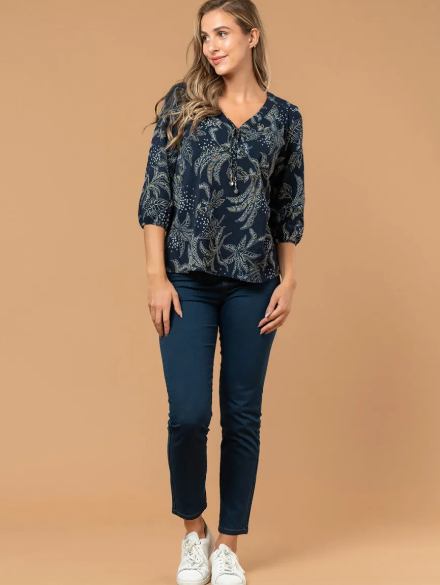 Blouse imprimé feuillage col bijou