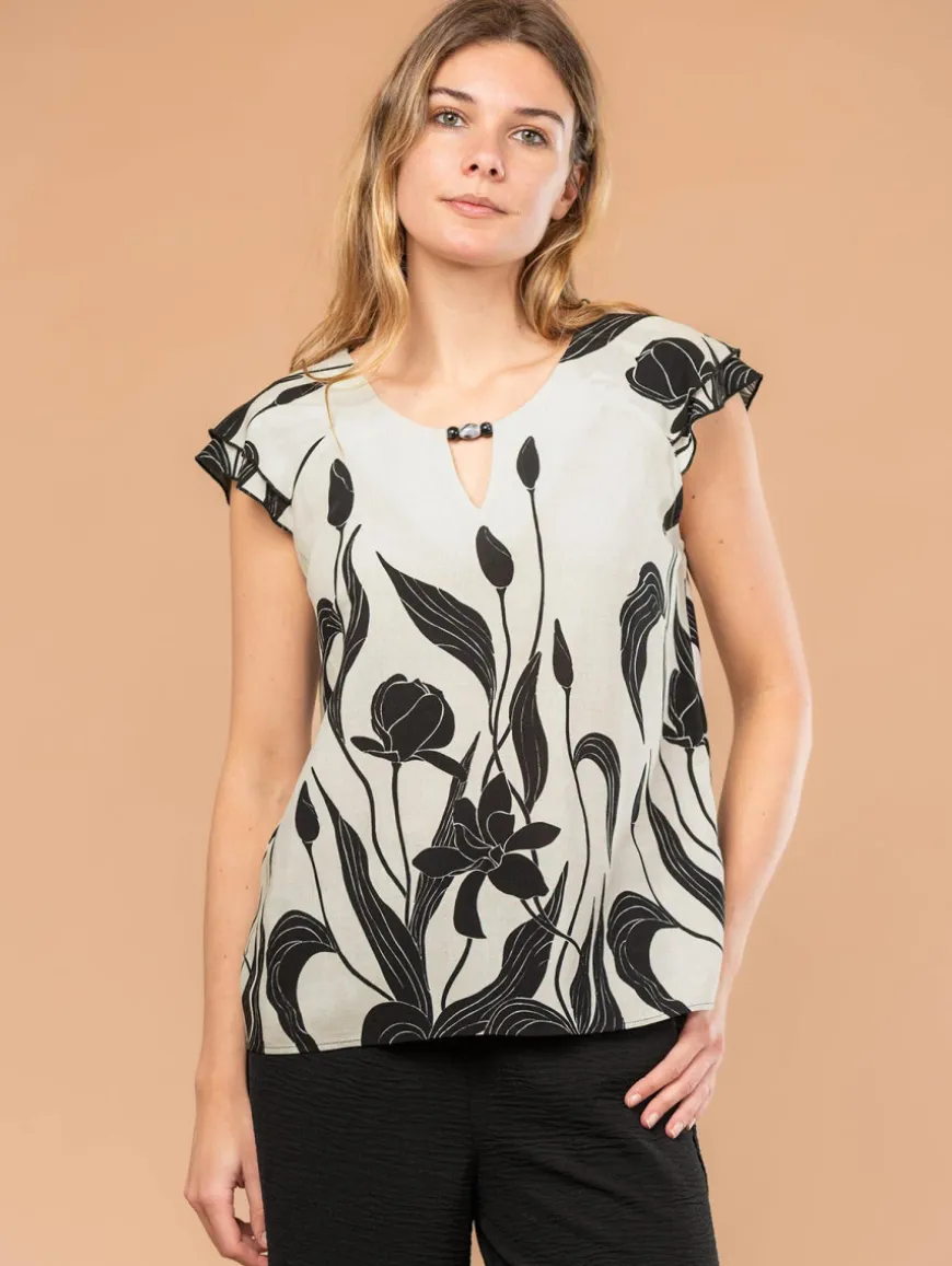 Top imprimé fleuri col bijou